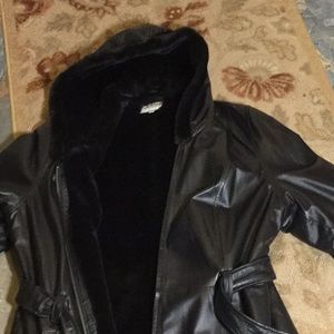 Black leather faux fur lined coat.